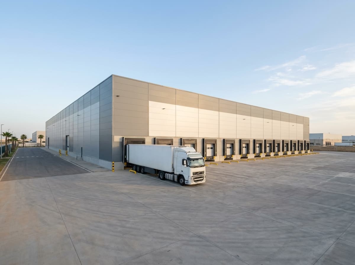 Grand entrepôt logistique avec une rangée de quais de chargement et un camion à quai