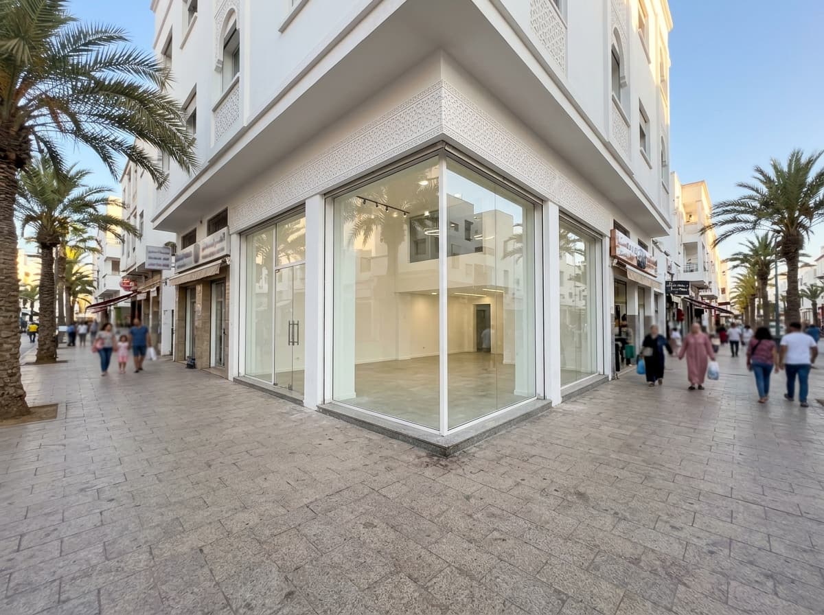 Local commercial vide en angle avec grandes vitrines, sur une rue piétonne commerçante