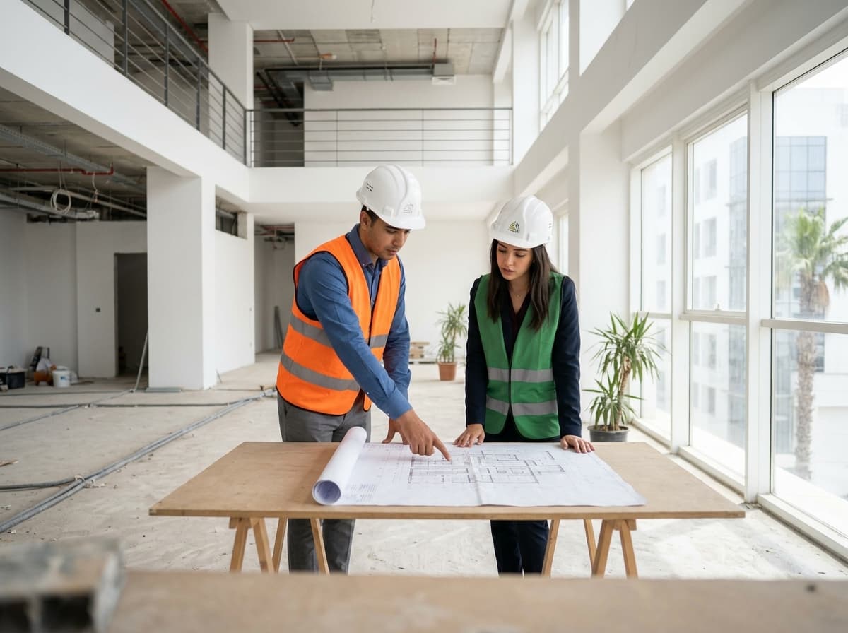 Deux professionnels en casque et gilet examinent des plans sur un chantier d'aménagement