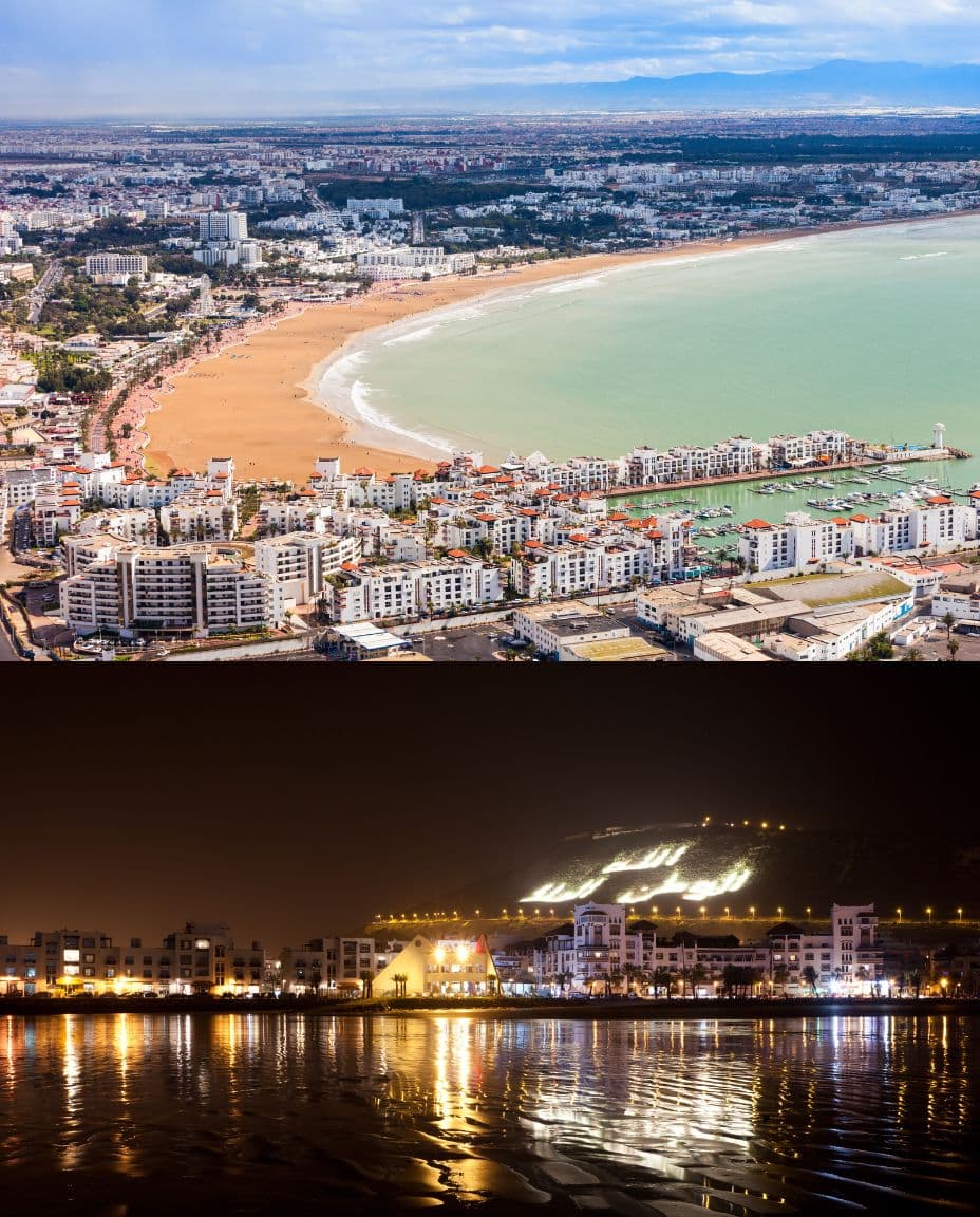 Baie et marina d'Agadir, et colline de la kasbah illuminée la nuit
