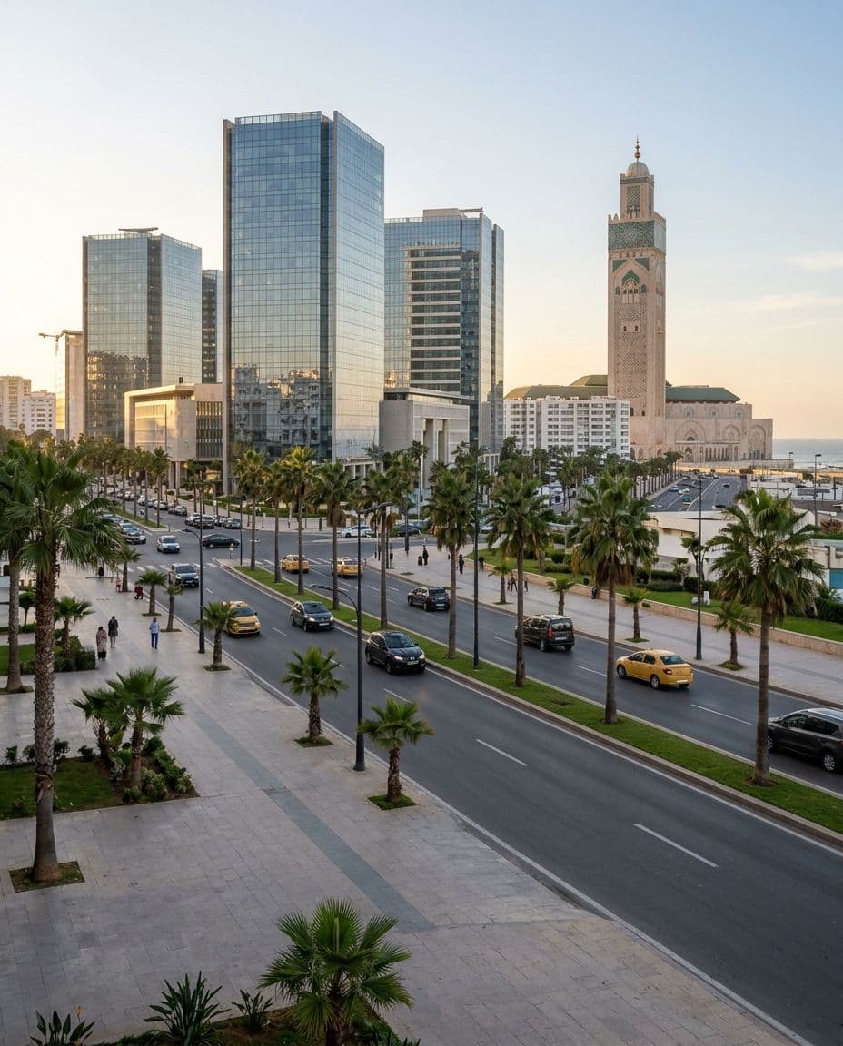 Tours de bureaux et minaret de la mosquée Hassan II le long d'un boulevard bordé de palmiers