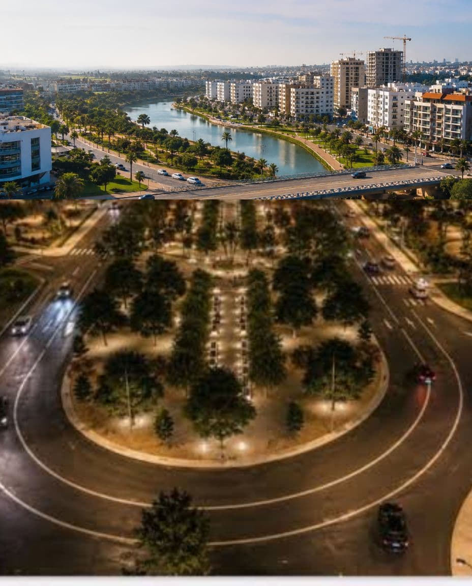Quartier moderne de Kénitra avec promenade le long de l'eau, et grand rond-point aménagé de nuit