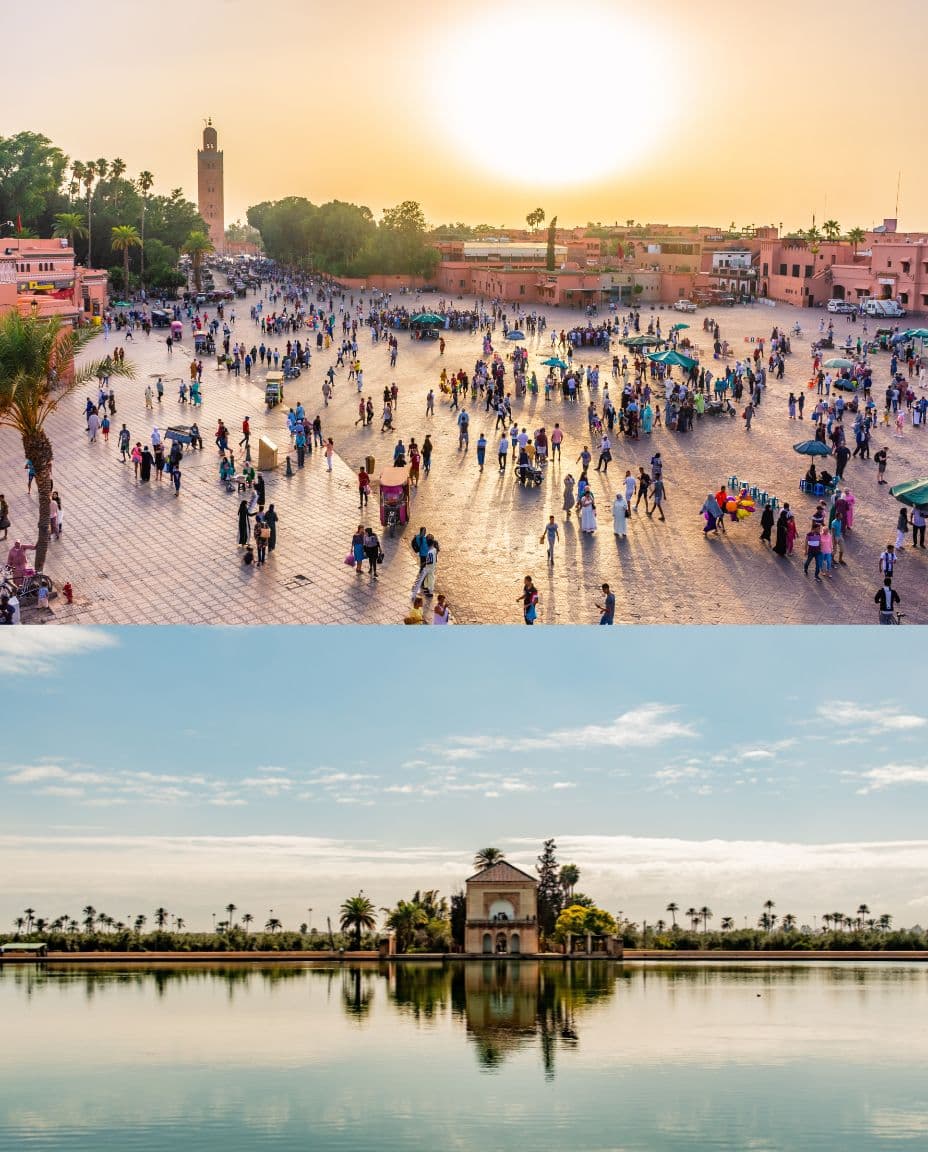 Place Jemaa el-Fna au coucher du soleil avec la Koutoubia, et bassin de la Ménara