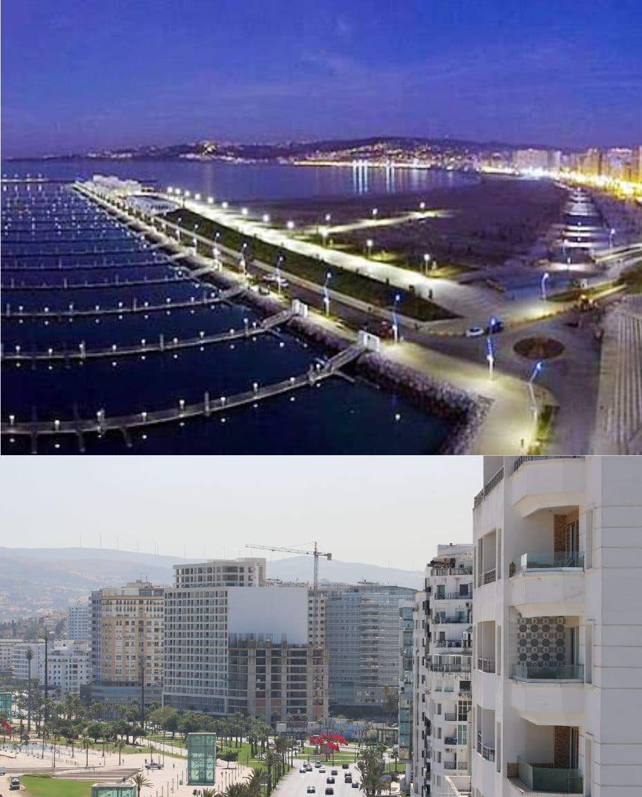 Marina et corniche de Tanger illuminées à la tombée de la nuit